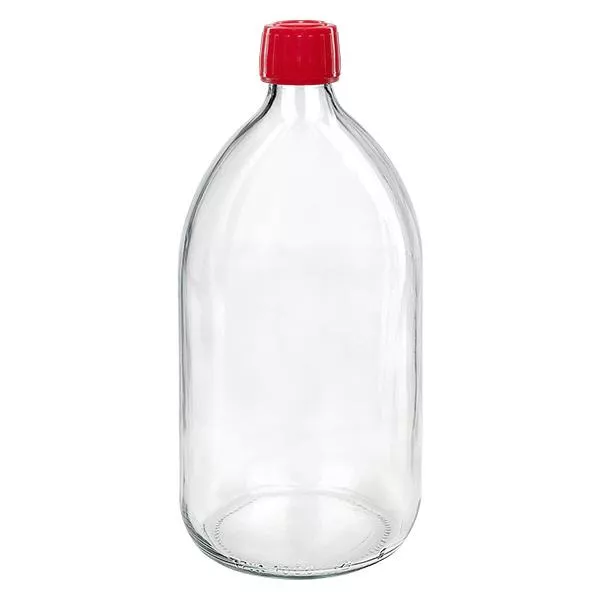 Frasco de medicamento de 1000ml transparente, tampa vermelha com anel inviolável ApoGlas Frasco de medicamento de 1000ml transparente, tampa vermelha com anel inviolável ApoGlas