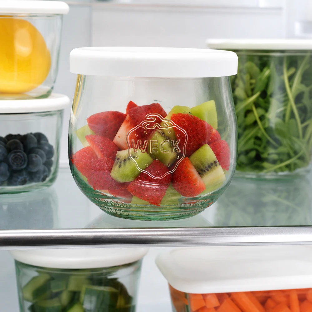Frasco tulipa WECK 370ml com salada de fruta no frigorífico tampa de silicone branca Frasco de conservação de frescura para preparação de refeições