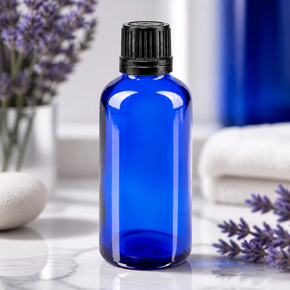 Frasco de farmácia azul 50ml tampa de rosca preta anel de vazamento fecho inviolável Frasco de farmácia azul de 50 ml, em vidro borossilicato, com tampa original estriada, ao lado de ramos de lavanda