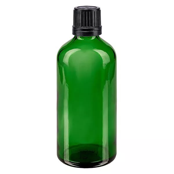 Frasco de farmácia verde 100ml tampa conta-gotas premium 1mm preto fecho inviolável Frasco de farmácia verde 100ml tampa conta-gotas premium 1mm preto fecho inviolável