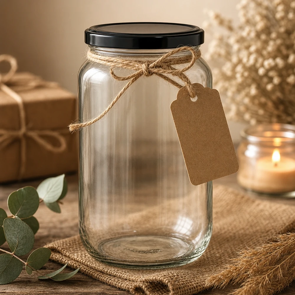 Frasco redondo de 1062 ml com tampa BasicSeal preta UNiTWIST Frasco redondo de 1062 ml decorado com cordão de juta e etiqueta de papel kraft - embalagem de oferta elegante para frascos de conserva
