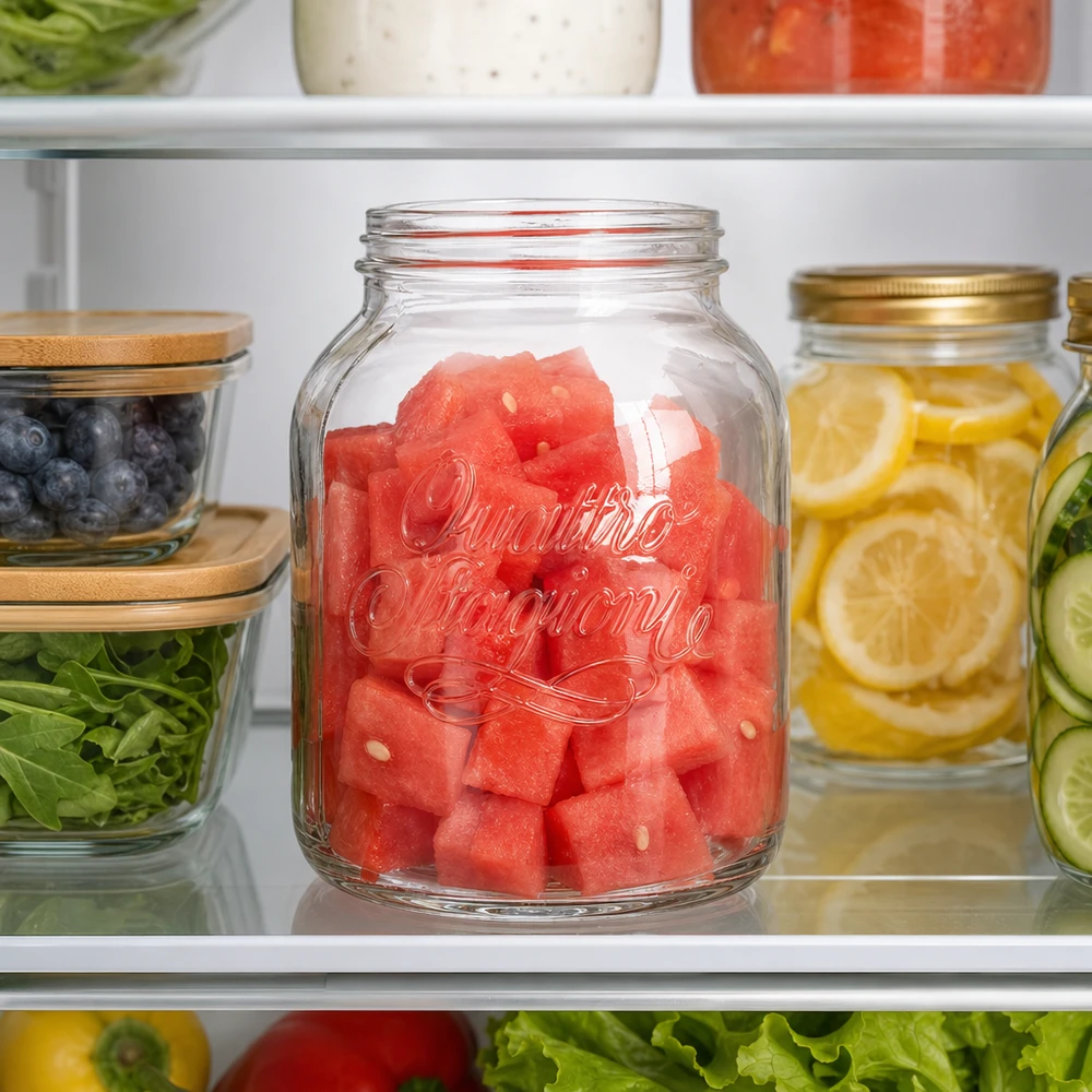 3000ml Rundglas "Quattro Stagioni" QS110mm Frasco doméstico Quattro Stagioni de 3000 ml com melancia no frigorífico para preparar refeições e guardar alimentos