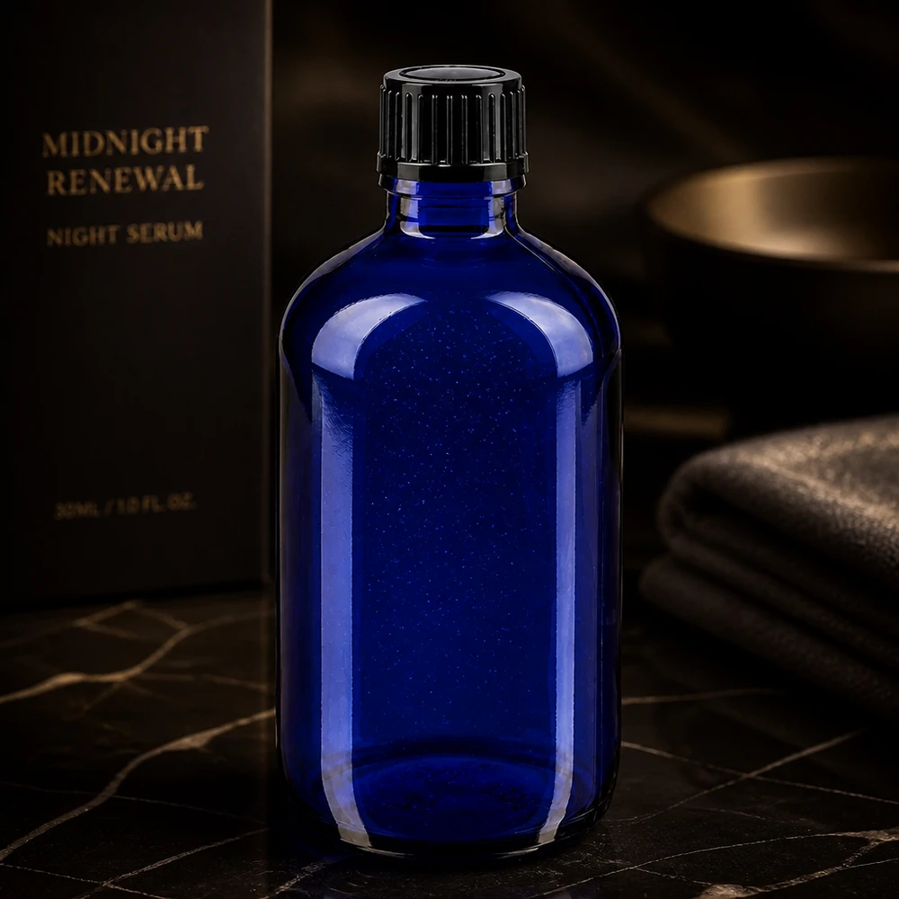 Frasco de farmácia azul 100ml com tampa de conta-gotas 1mm preto standard Frasco conta-gotas azul STD de 100 ml da ApoGlas com tampa de rosca preta para sérum noturno