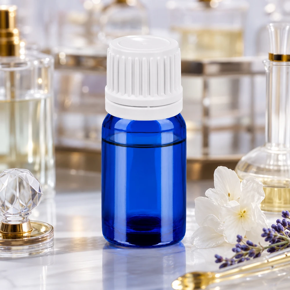 Frasco de 5 ml com tampa de rosca de 11 mm e fecho inviolável branco BlueLine UT18/5 Frasco de vidro de 5 ml de alta qualidade em azul-cobalto com tampa OV branca para uso profissional