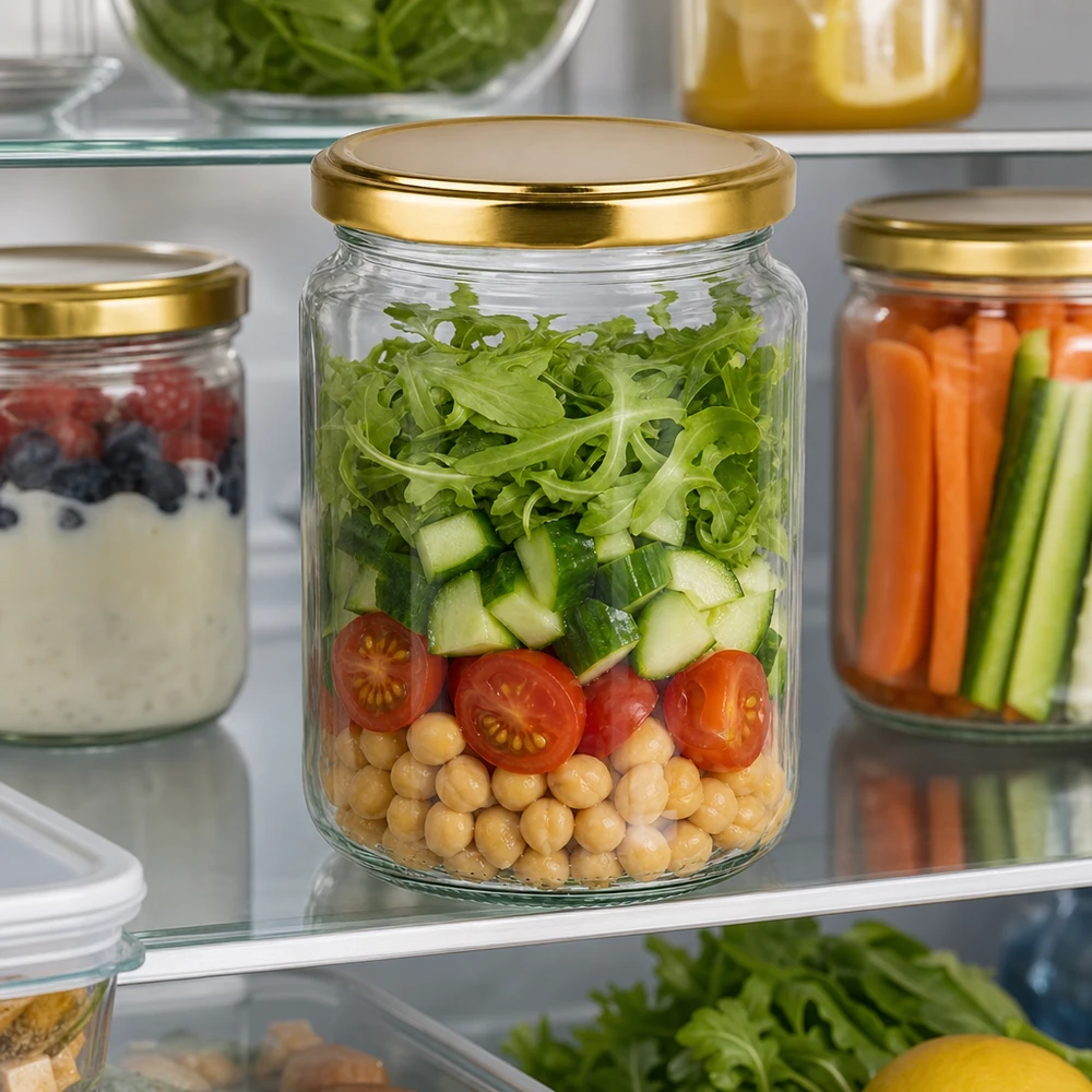 382ml Rundglas mit BasicSeal Deckel gold UNiTWIST 382ml Rundglas mit goldenem Deckel für frische Salate im Kühlschrank - perfekte Meal Prep Aufbewahrung