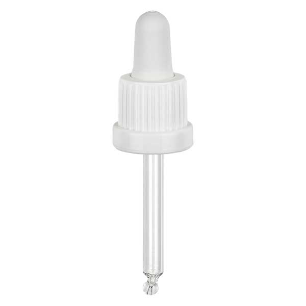 Pipeta conta-gotas de vidro branca/branca 18mm PL53.5 com fecho inviolável Pipeta conta-gotas de vidro branca/branca 18mm PL53.5 com fecho inviolável
