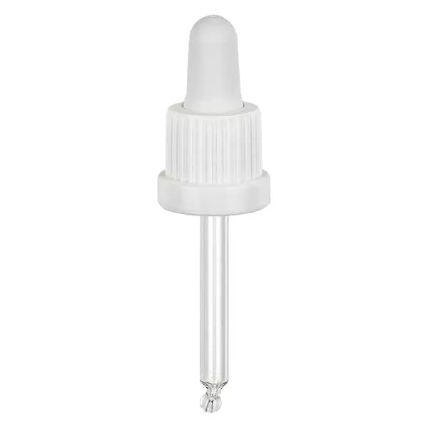 Pipeta conta-gotas de vidro branca/branca 18mm PL53.5 com fecho inviolável Pipeta conta-gotas de vidro branca/branca 18mm PL53.5 com fecho inviolável