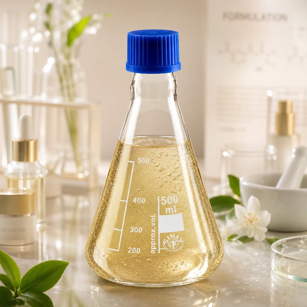 Frasco Erlenmeyer de 500 ml com líquido amarelo e tampa azul para experiências químicas