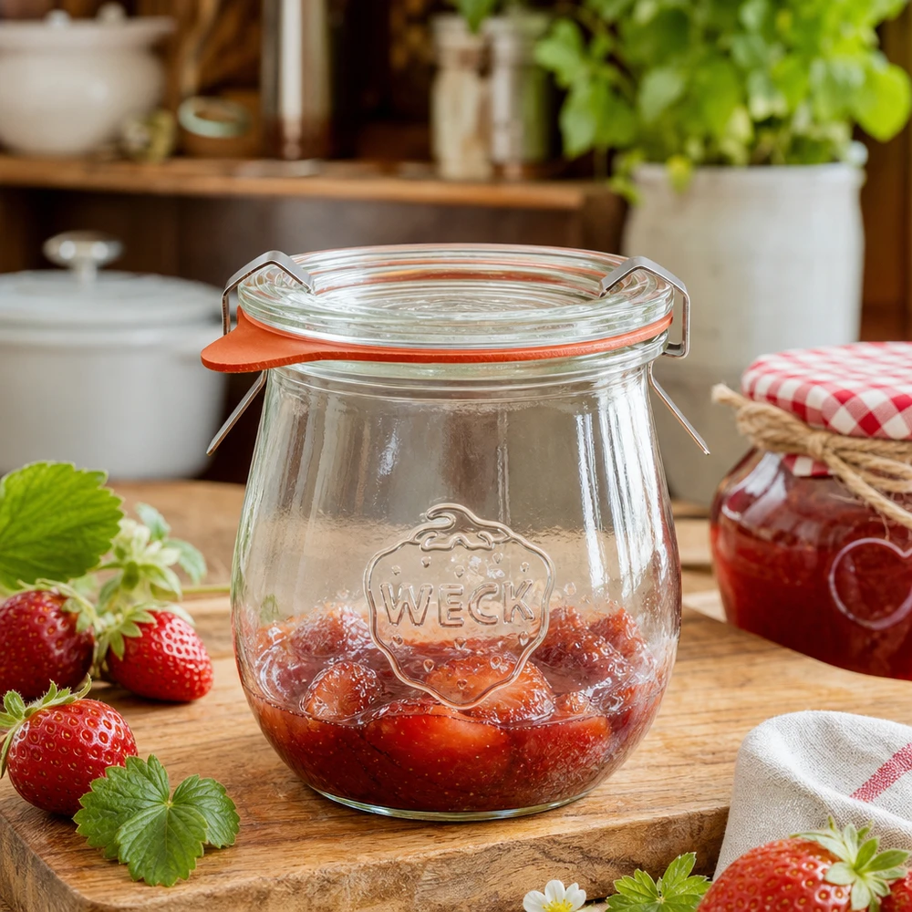 Frasco de tulipa WECK de 220 ml cheio de compota de morango numa tábua de madeira numa cozinha acolhedora com morangos frescos