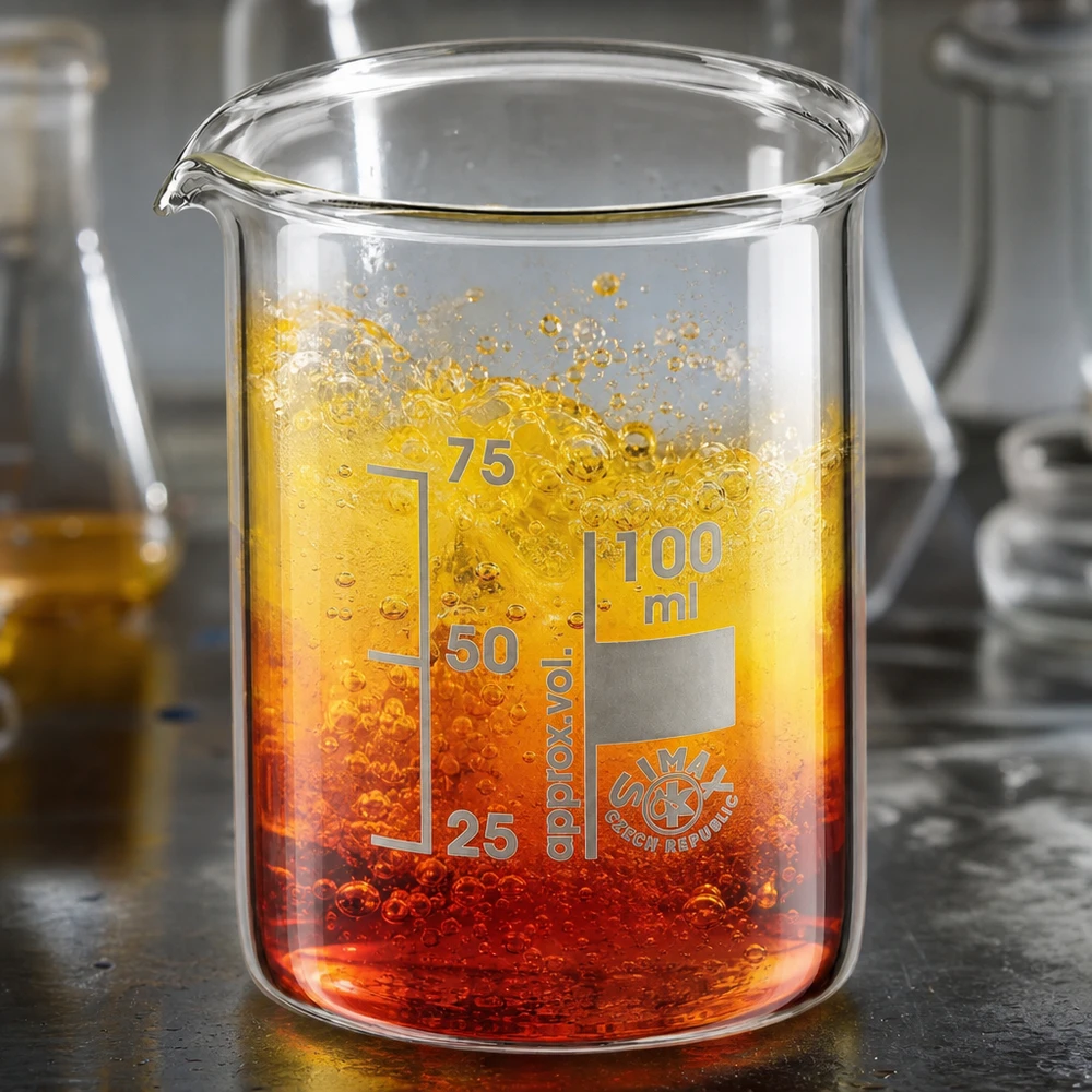 Copo graduado de 100 ml com mistura química colorida e escala de volume exacta