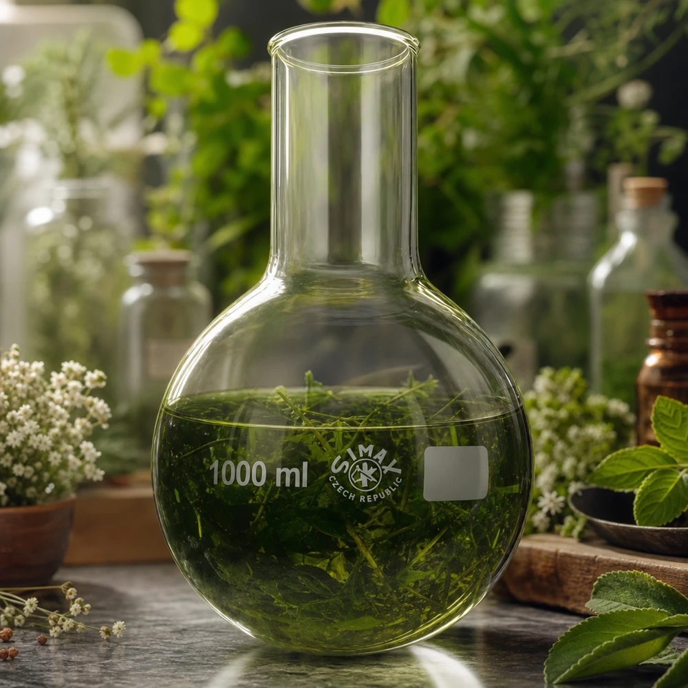Balão de fundo redondo 1000ml gargalo largo Balão de laboratório de 1000 ml com solução vegetal verde para extração botânica e extração de substâncias naturais
