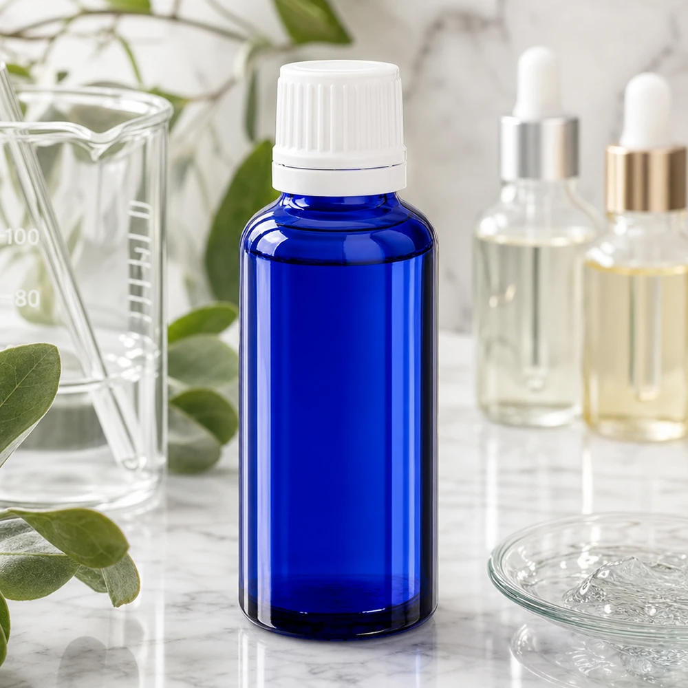 Frasco de farmácia azul 30ml tampa conta-gotas 1.2mm branco fecho inviolável Frasco conta-gotas ApoGlas azul de 30 ml com tampa de rosca branca num ambiente de laboratório sobre uma superfície de mármore