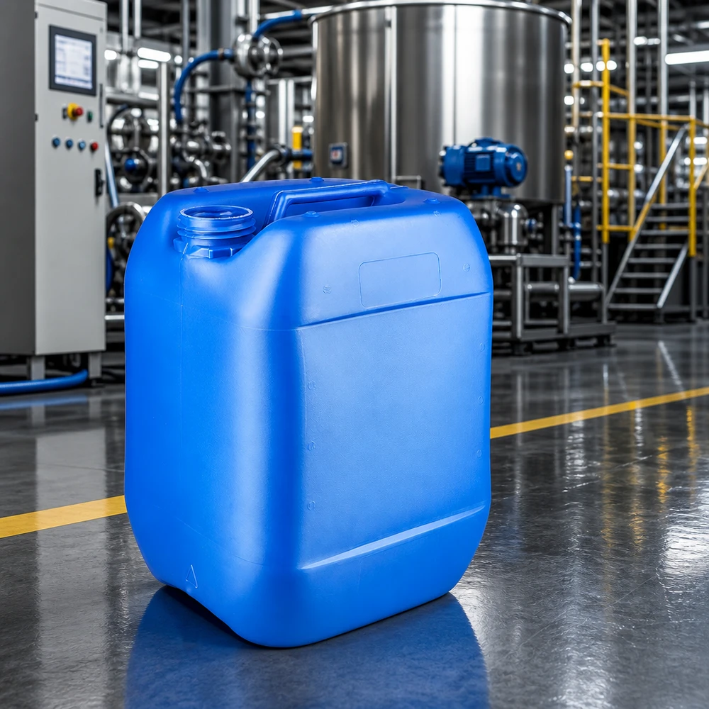 Bidão 10 litros azul sem tampa Bidão retangular de plástico azul com 10 litros, sem tampa, num ambiente de produção industrial