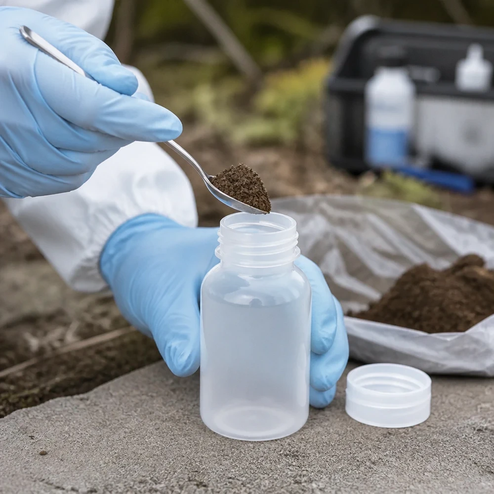 A amostra de solo é colocada com uma espátula num frasco de laboratório de gargalo largo com 100 ml e tampa de rosca