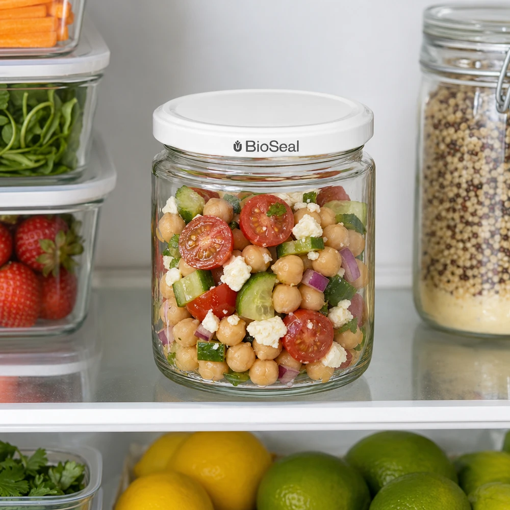 350g Honigglas + BioSeal Deckel weiß UNiTWIST Frasco de mel de 250 ml com tampa BioSeal no frigorífico cheio de salada de grão-de-bico entre recipientes de armazenamento com fruta