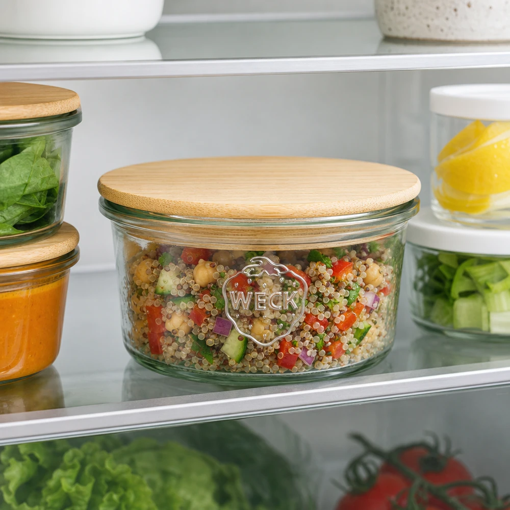 Copos de vidro WECK RR80 de 165 ml com tampa de madeira Frasco WECK RR80 165ml com tampa de bambu para organização da preparação de refeições no frigorífico, cheio de salada de quinoa