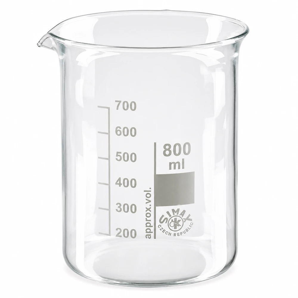 Copo de 800 ml em vidro borossilicato de alta qualidade com bico para um trabalho preciso no laboratório
