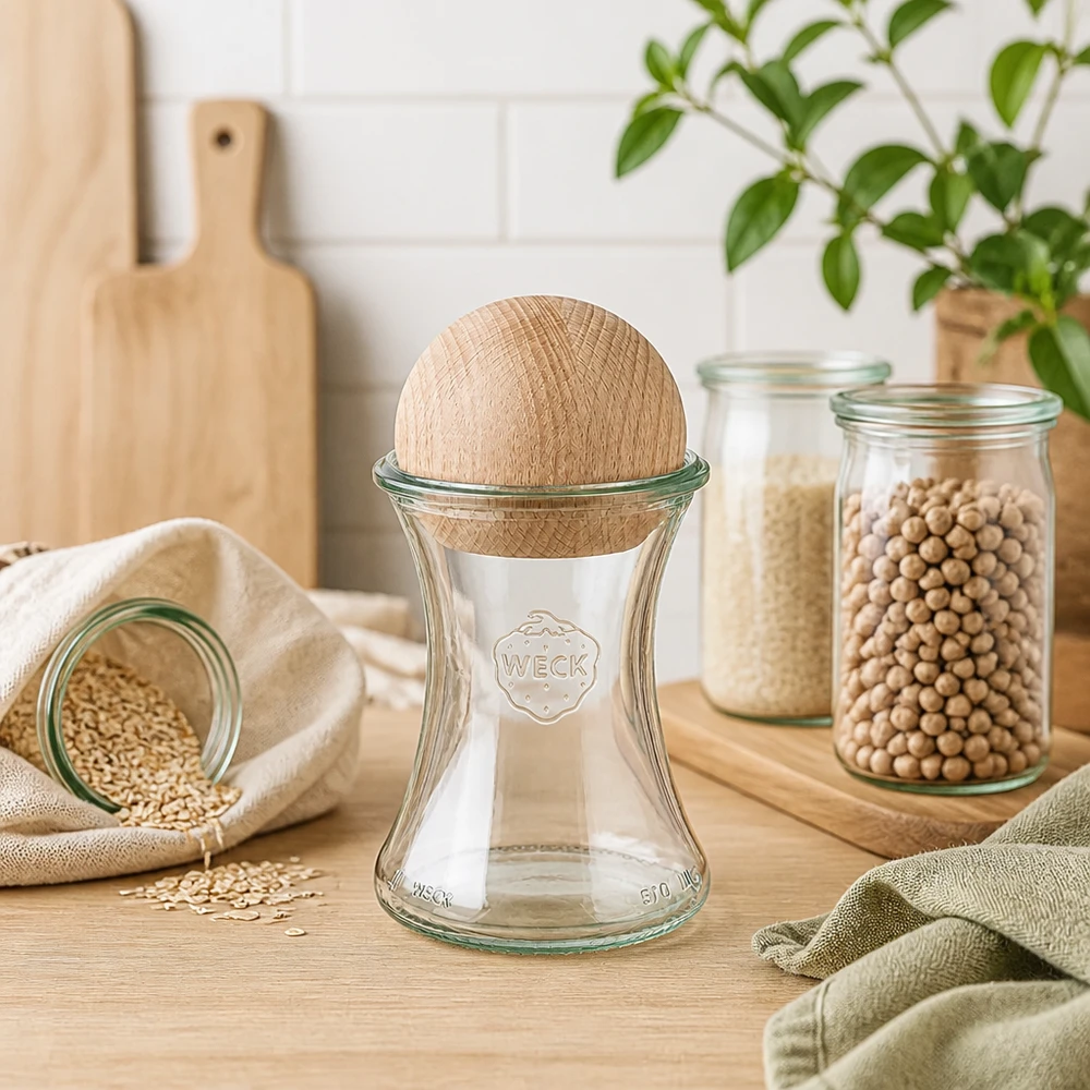 Frasco de conservação WECK 370ml RR80 bola de madeira faia cozinha legumes cereais armazenamento sustentável frascos de armazenamento