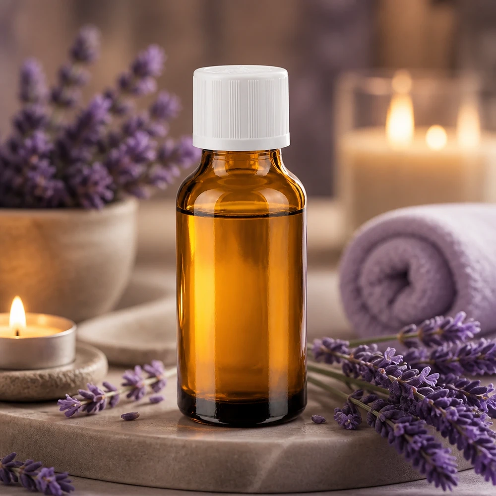 Frasco de farmácia castanho 20ml com tampa de rosca branca padrão resistente a crianças Pequeno frasco de farmácia de vidro castanho de 20 ml com tampa de segurança para crianças branca, com um ambiente de spa e aroma a lavanda