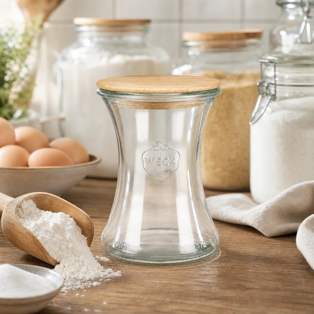 370ml Delikatessenglas WECK RR80 mit Holzdeckel Frasco de charcutaria WECK de 370 ml RR80 com tampa de madeira na bancada de madeira ao lado da farinha, ovos e ingredientes de pastelaria na cozinha