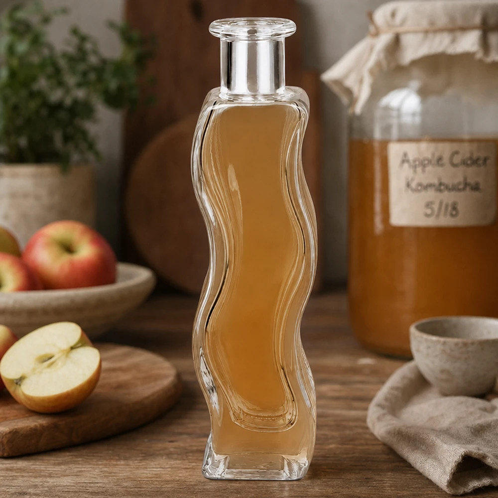 Garrafa de vidro de Melissa 100ml cheia de vinagre de cidra de maçã numa cozinha natural com maçãs frescas e copo de Kombucha