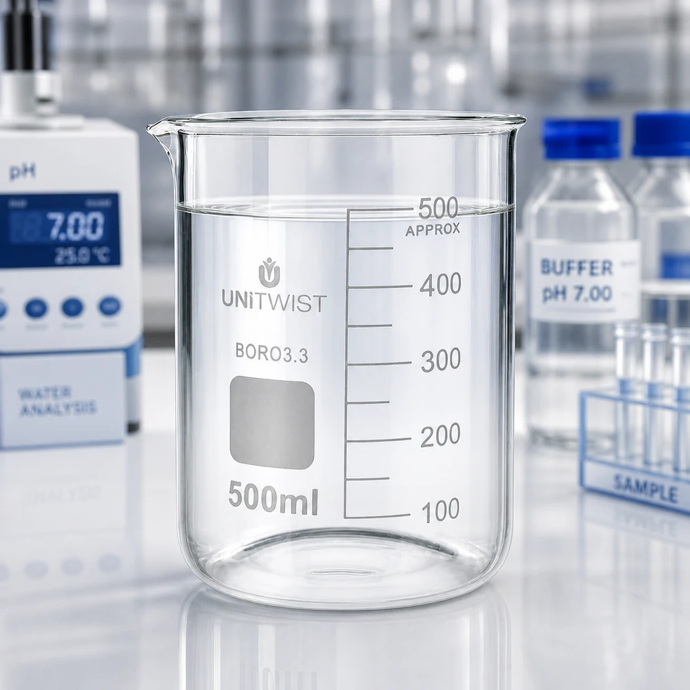 Copo de vidro UNiTWIST de 500 ml, formato baixo, BORO3.3, no laboratório com pH-metro e solução tampão