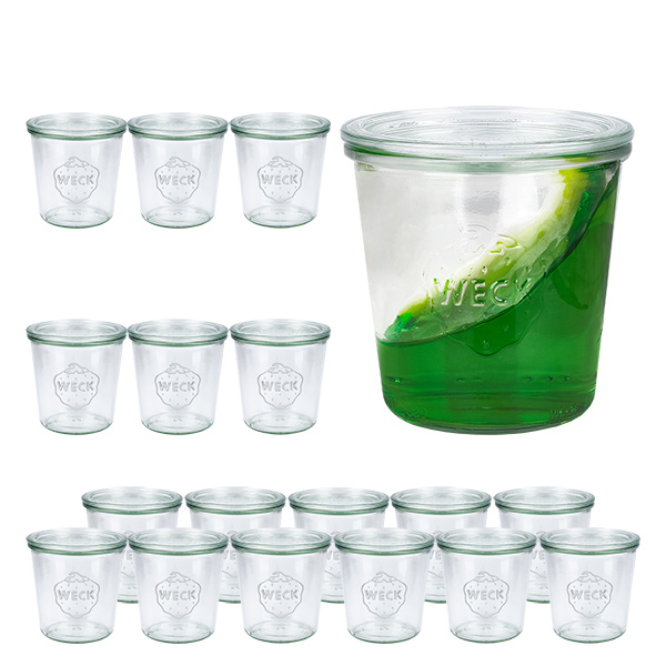 Conjunto de 18 copos de vidro Weck de 580ml com 18 tampas de vidro Conjunto de 18 copos de vidro Weck de 580ml com 18 tampas de vidro