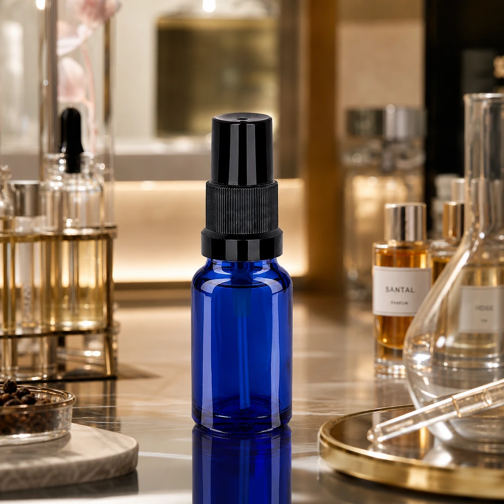 Frasco spray de 10ml preto com tampa standard BlueLine UT18/10 Frasco de spray de 10 ml de alta qualidade STD BlueLine UT18/10 em vidro azul com atomizador preto