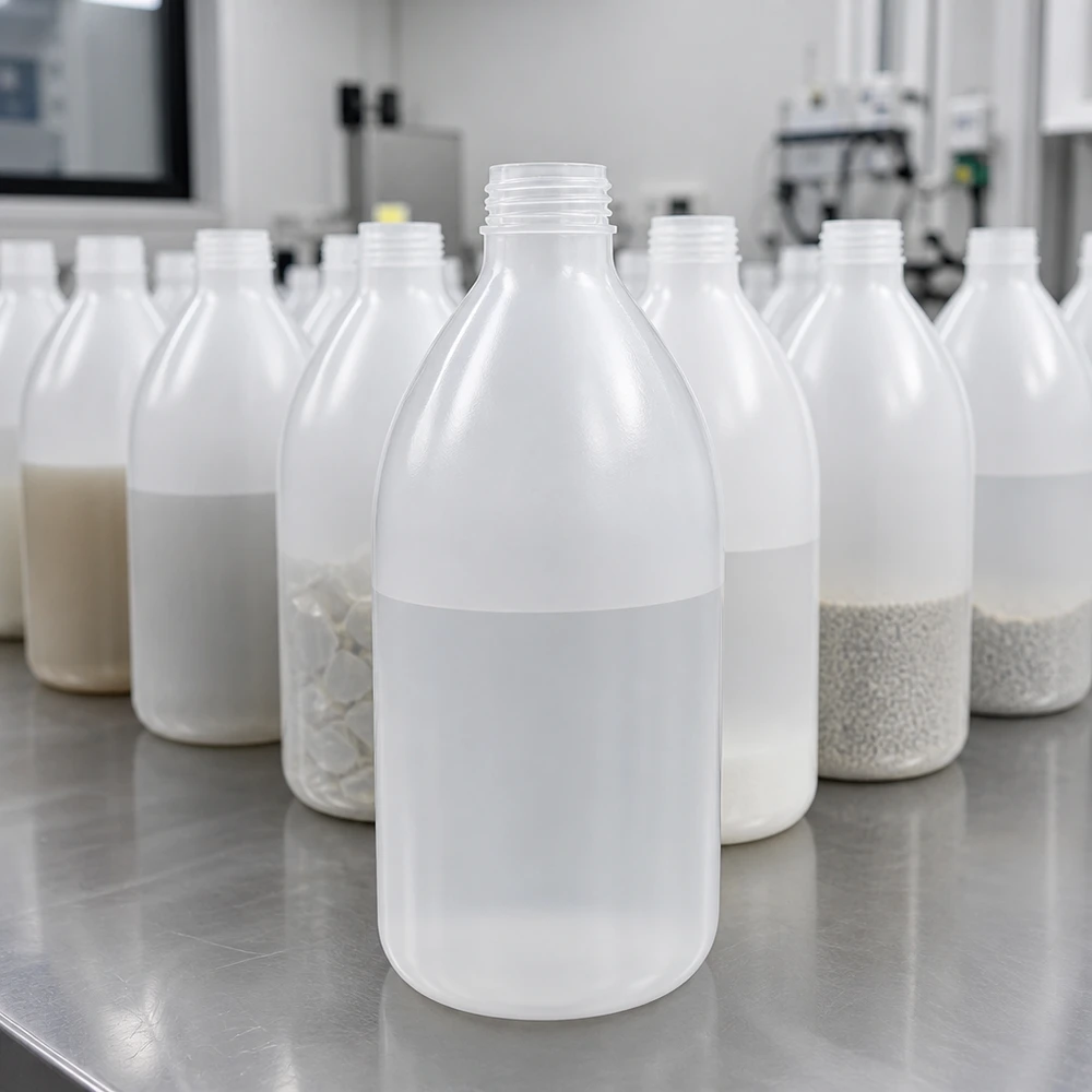 Frasco de laboratório de 1000 ml com gargalo estreito e sem tampa Conjunto de frascos de laboratório brancos de 1000 ml, de gargalo estreito, sem tampa, sobre uma mesa de laboratório em aço inoxidável