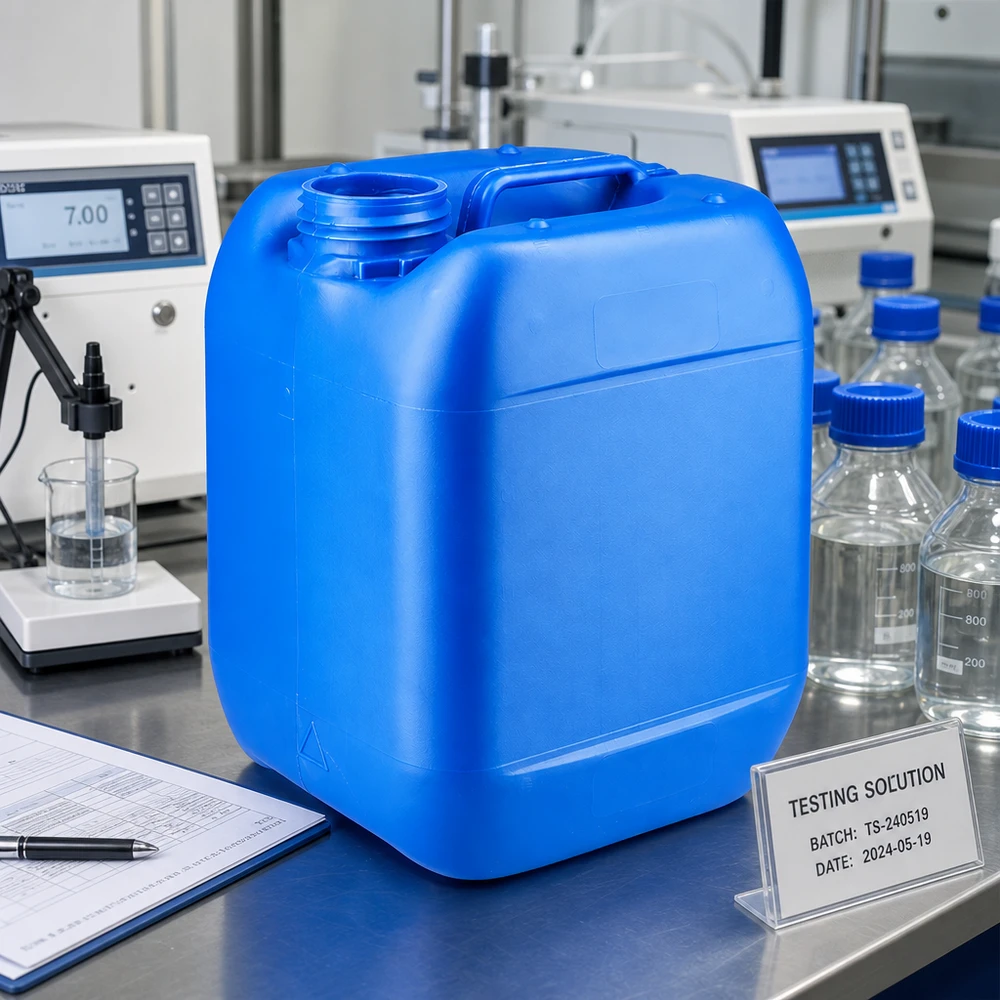 Bidão 5 litros azul sem tampa Bidon de plástico azul de 5 litros sem tampa num laboratório de análise profissional com instrumentos de medição