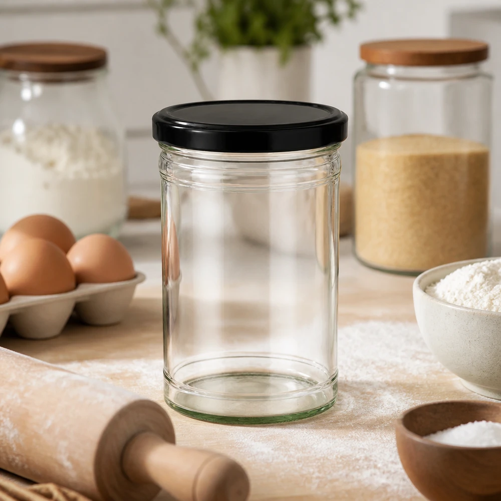 Copos de vidro de 1053 ml com tampa BasicSeal preta UNiTWIST Copos vazios de 1053 ml com tampa preta na cozinha com ovos, farinha e rolo de massa para cozer e cozinhar
