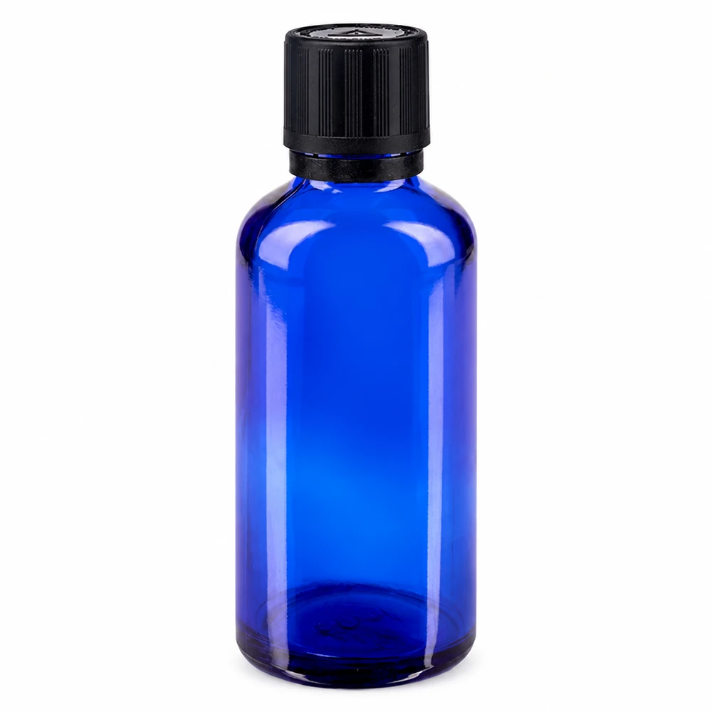 Frasco de farmácia azul 50ml conta-gotas tampa anel de vazamento 1mm preto fecho de segurança para crianças símbolo de aviso cego fecho inviolável Frasco de farmácia azul de 50 ml com tampa de segurança infantil preta e inserção para gotas de 1 mm