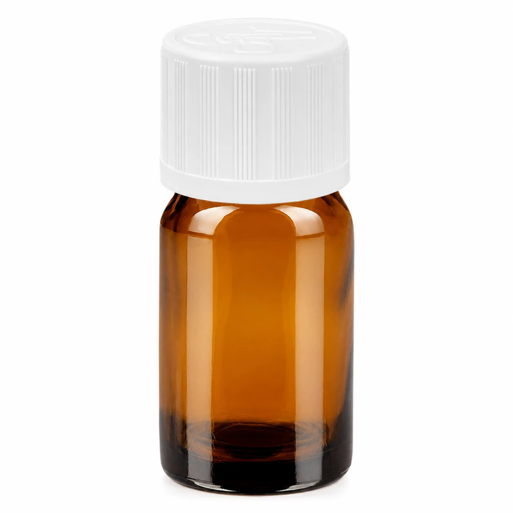 Frasco de 5 ml com tampa de rosca de 11 mm branca padrão resistente a crianças BrownLine UT18/5 Frasco de vidro castanho de 5 ml com tampa de rosca branca para óleos essenciais e medicamentos