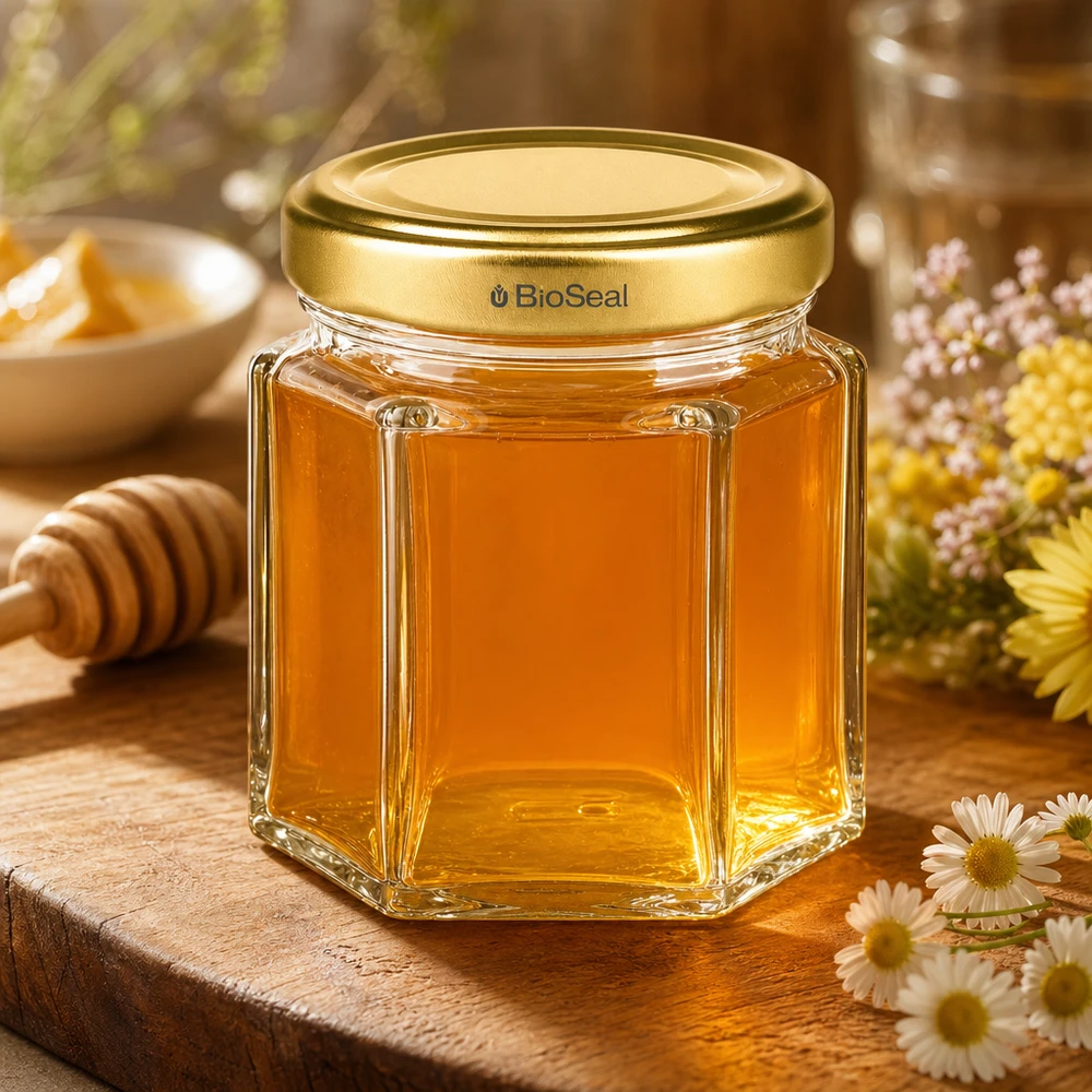 60g Honigglas mit goldenem Deckel BioSeal UNiTWIST Frasco de mel hexagonal de 60 g BioSeal cheio de mel dourado sobre uma mesa de madeira decorada com um pau de mel e flores silvestres