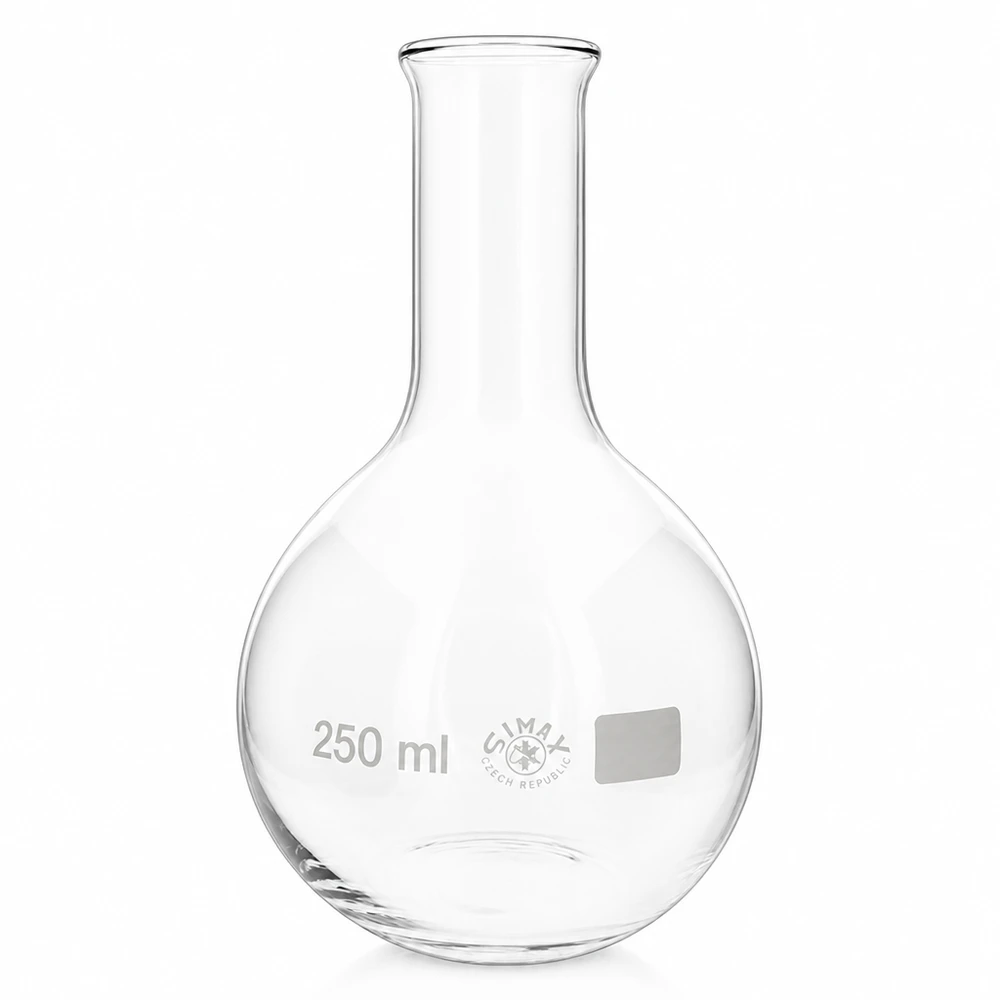 Balão de pé 250 ml com gargalo estreito em vidro para aplicações laboratoriais