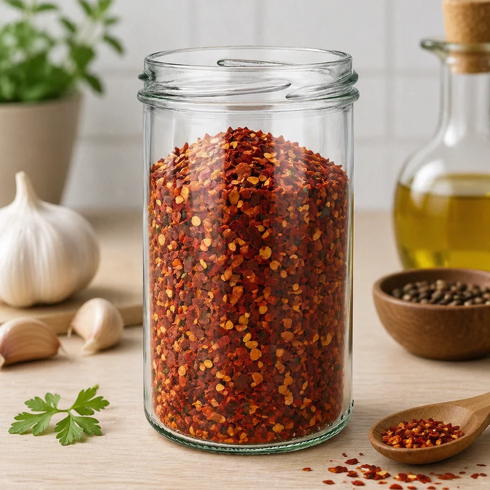 Copos de vidro de 277 ml sem tampa (TO66) UNiTWIST Copos UNiTWIST277 copos de 277 ml TO66 cheios de flocos de especiarias vermelhas na cozinha com ervas e azeite