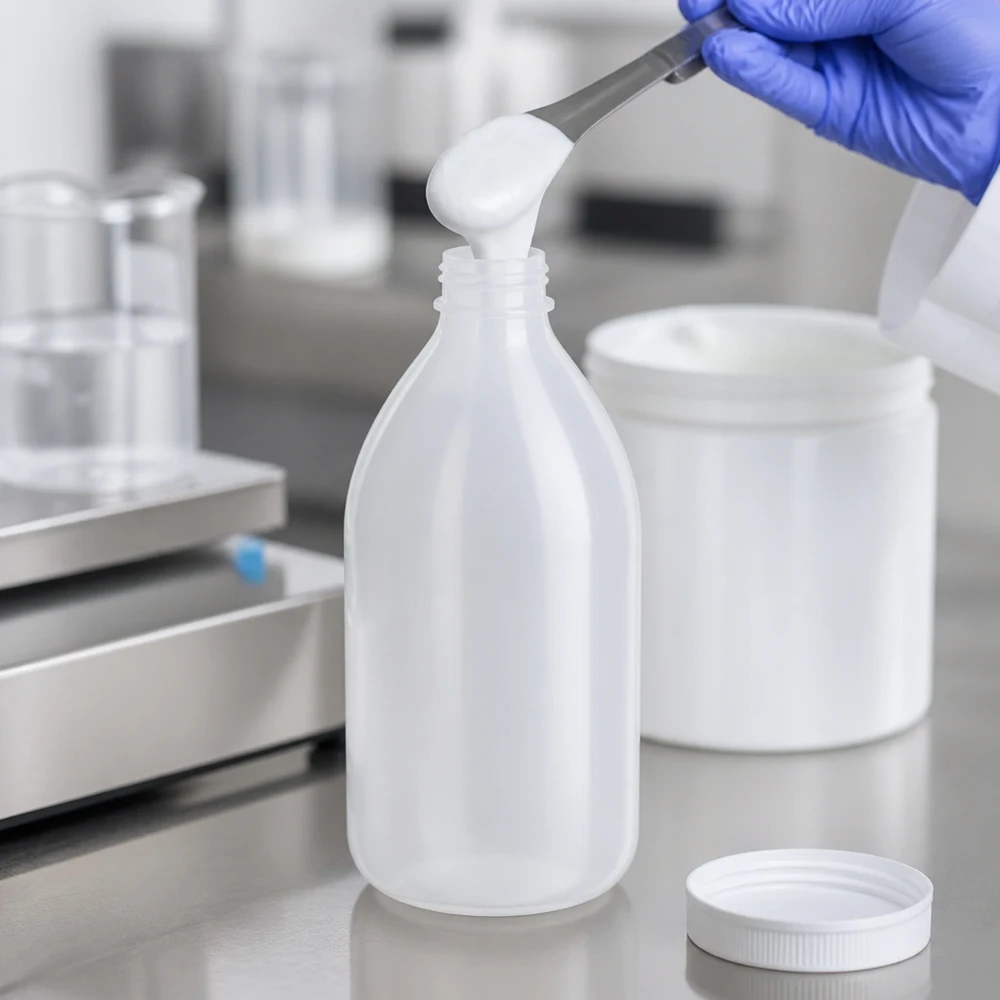 Frasco de laboratório de 500ml com gargalo estreito e sem tampa Frasco de laboratório de gargalo estreito de 500 ml, em HDPE translúcido, sem tampa, durante o enchimento com a substância