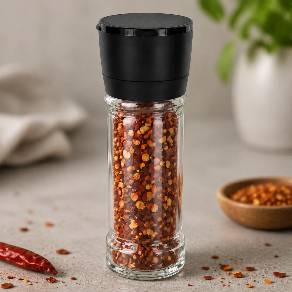 Frasco para sal/especiarias de 100 ml com moinho Vario preto Frasco para especiarias de 100 ml com moinho giratório preto, cheio de flocos de malagueta sobre um fundo cinzento