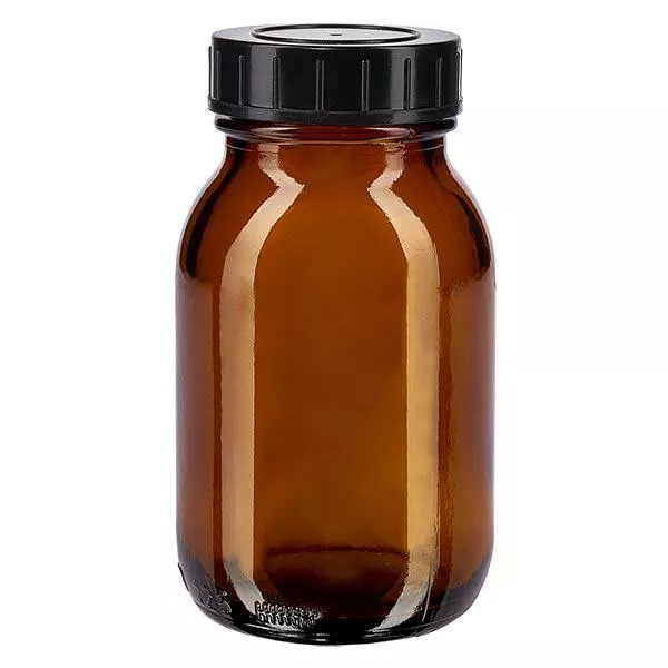 Garrafa de 125ml de vidro âmbar de gargalo largo com tampa de rosca