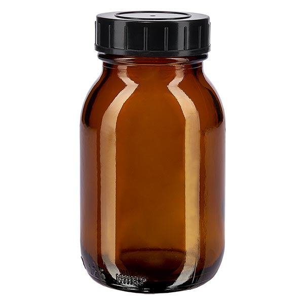 Garrafa de 125ml de vidro âmbar de gargalo largo com tampa de rosca