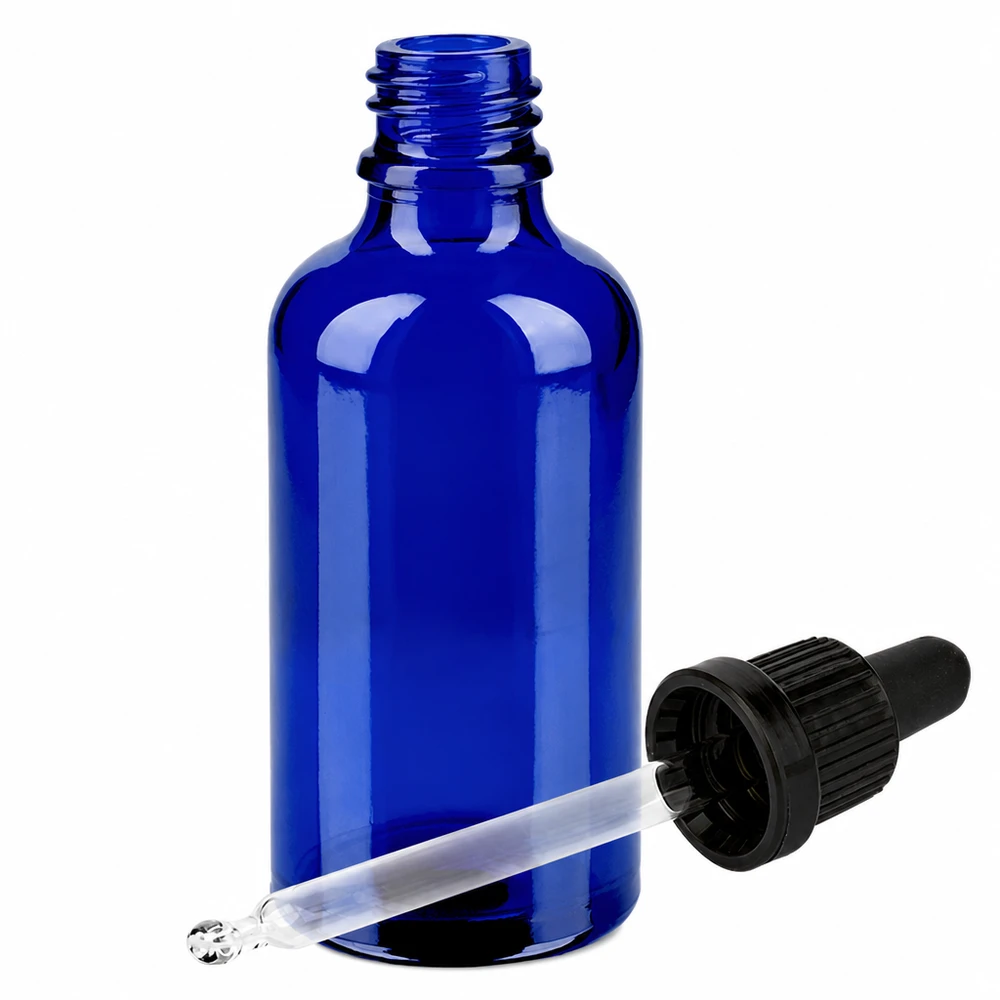 Frasco pipeta de 50 ml preto com fecho inviolável BlueLine UT18/50 Frasco conta-gotas de 50 ml em vidro azul de alta qualidade com pipeta de precisão para uma dosagem exacta