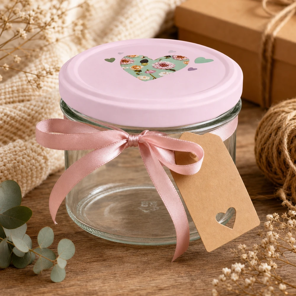 Copos de vidro de 225 ml + tampa BasicSeal cor-de-rosa UNiTWIST Copos de 225 ml com tampa de coração cor-de-rosa em embalagem de oferta com laço e pendente em decoração romântica