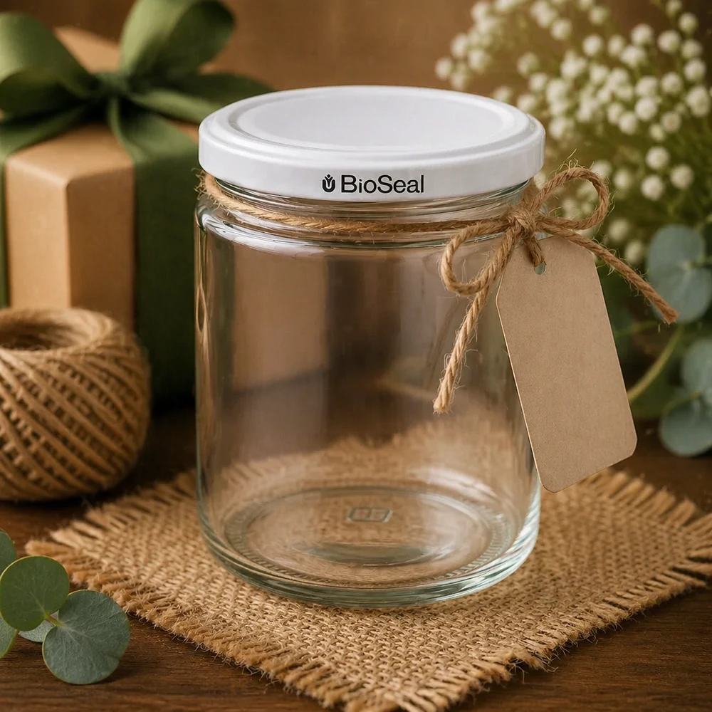 350g Honigglas + BioSeal Deckel weiß UNiTWIST Frasco de mel de 250 ml BioSeal UNiTWIST vazio decorado com laço de juta etiqueta de papel kraft estilo presente rústico