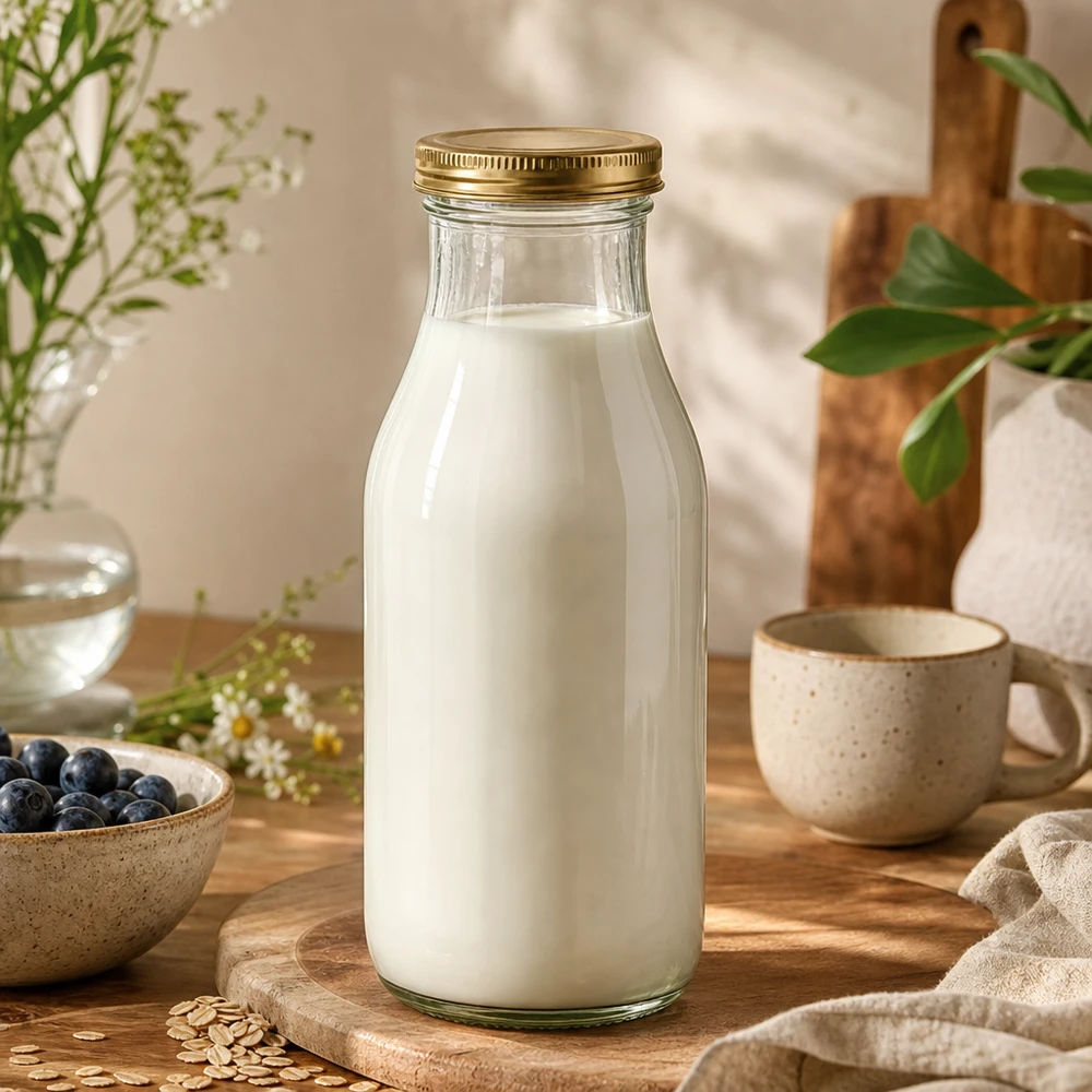 Garrafa UNiTWIST Garrafa de vidro 263 cheia de leite e tampa dourada TO43 BioSeal num cenário natural de cozinha