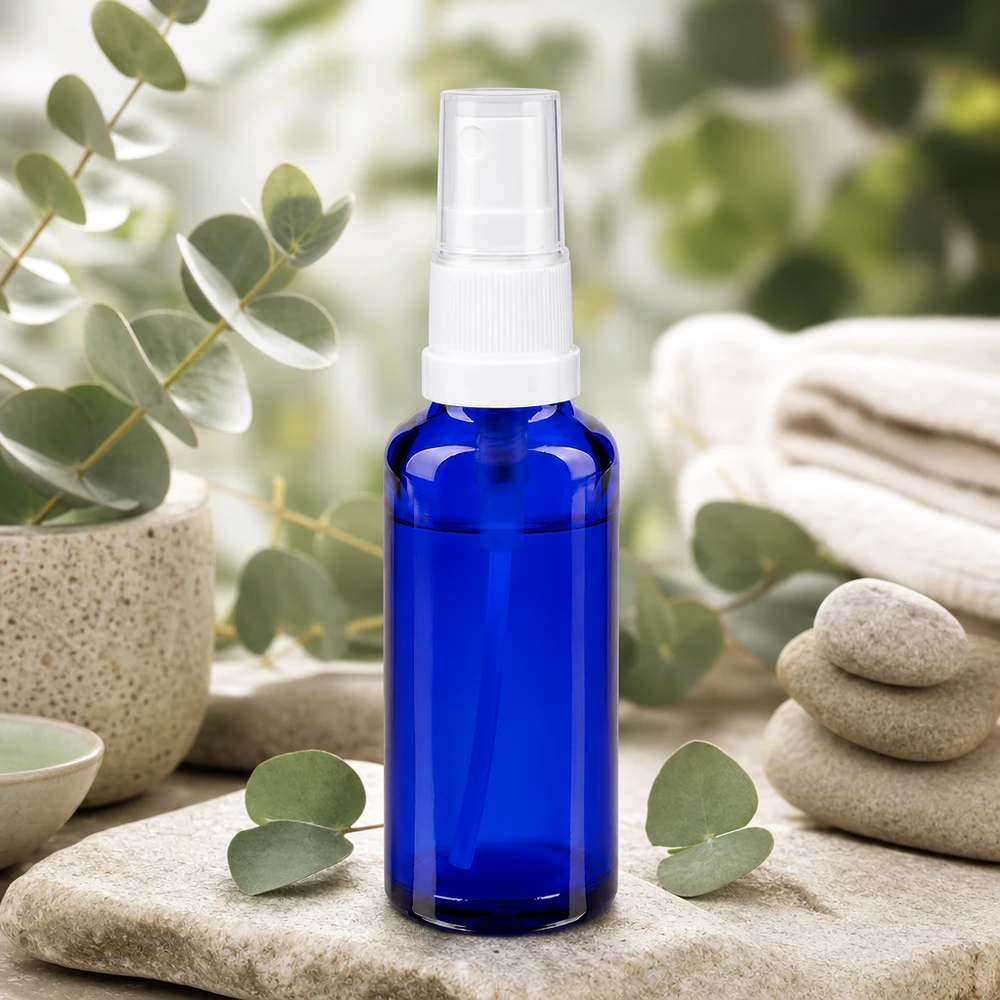 Frasco de vidro azul de farmácia com 30 ml e pulverizador branco, entre folhas de eucalipto e pedras Zen