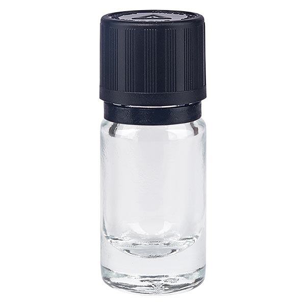 Frasco de farmácia transparente Tampa de conta-gotas de 5 ml Anel de verter 1 mm preto Fecho de segurança para crianças Símbolo de aviso cego Fecho inviolável