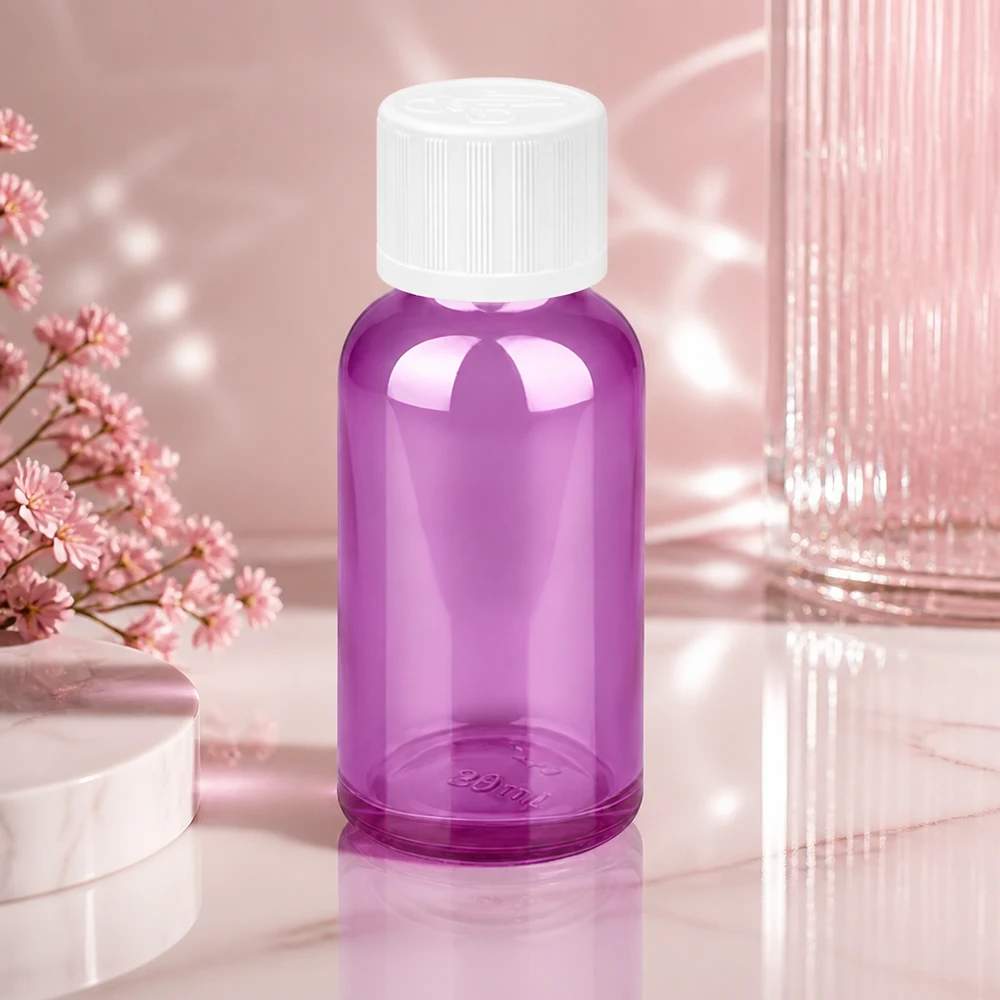 Frasco de vidro compacto de 30 ml em violeta brilhante com tampa de rosca branca para aplicações móveis