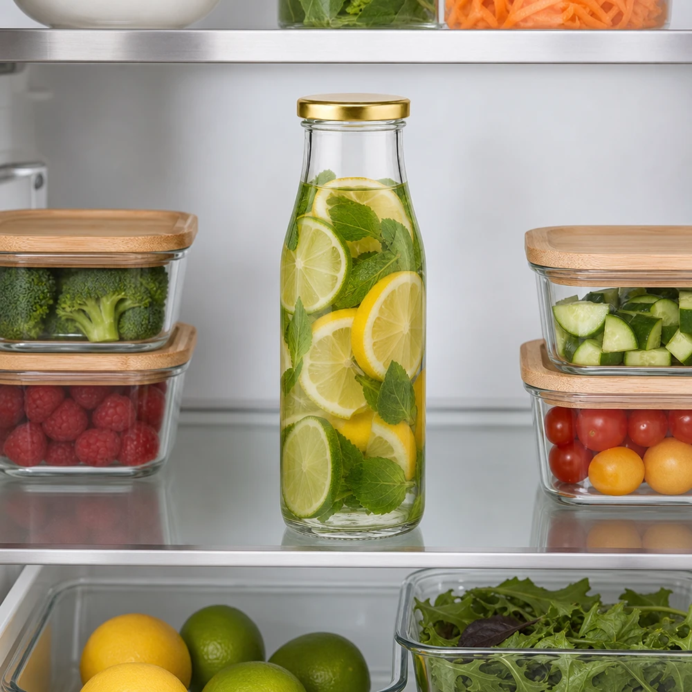 Garrafa de vidro de 500 ml de BasicSeal gold no frigorífico com bebida de menta-limão entre latas de fruta e legumes