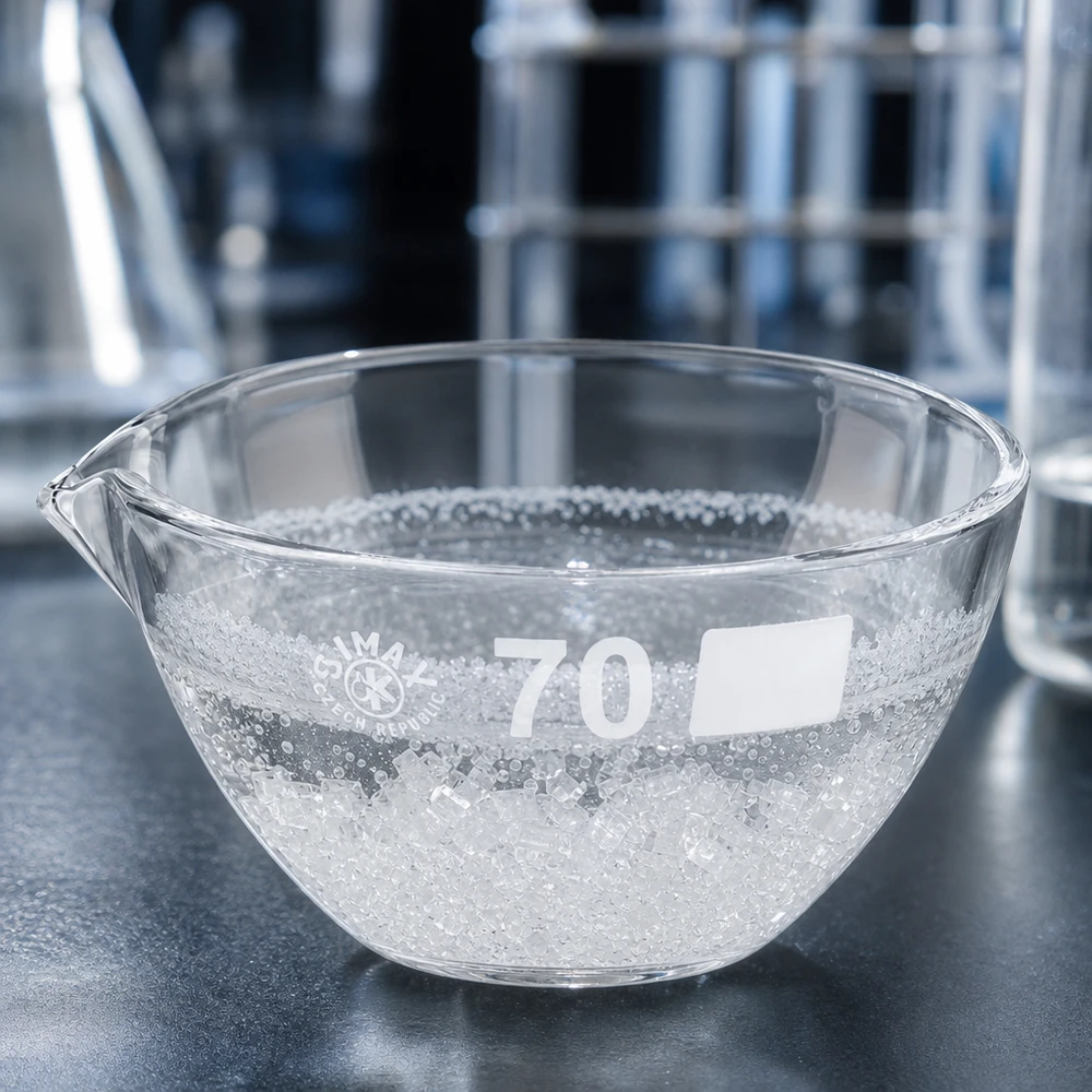 Prato de evaporação redondo de 60 ml com bico de ø70 mm em vidro borossilicato resistente ao calor para aplicações laboratoriais