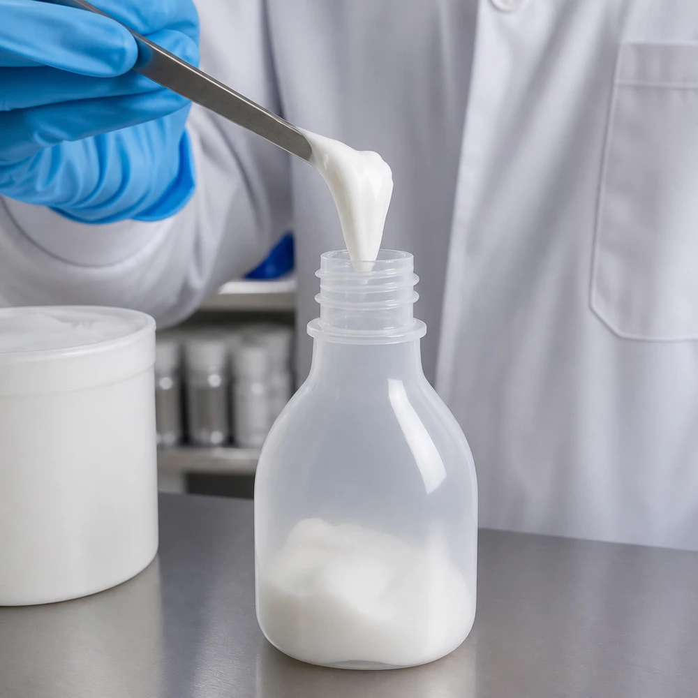 Frasco de laboratório de 20ml com gargalo estreito e sem tampa Frasco de laboratório transparente de 20 ml, de gargalo estreito, em PE, é enchido com um creme branco por técnicos